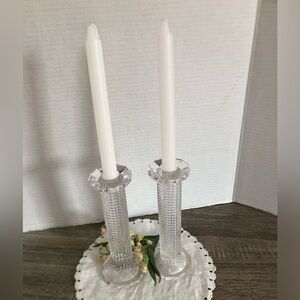 Vtg Diamond Pattern Glass Pillar Candlesticks